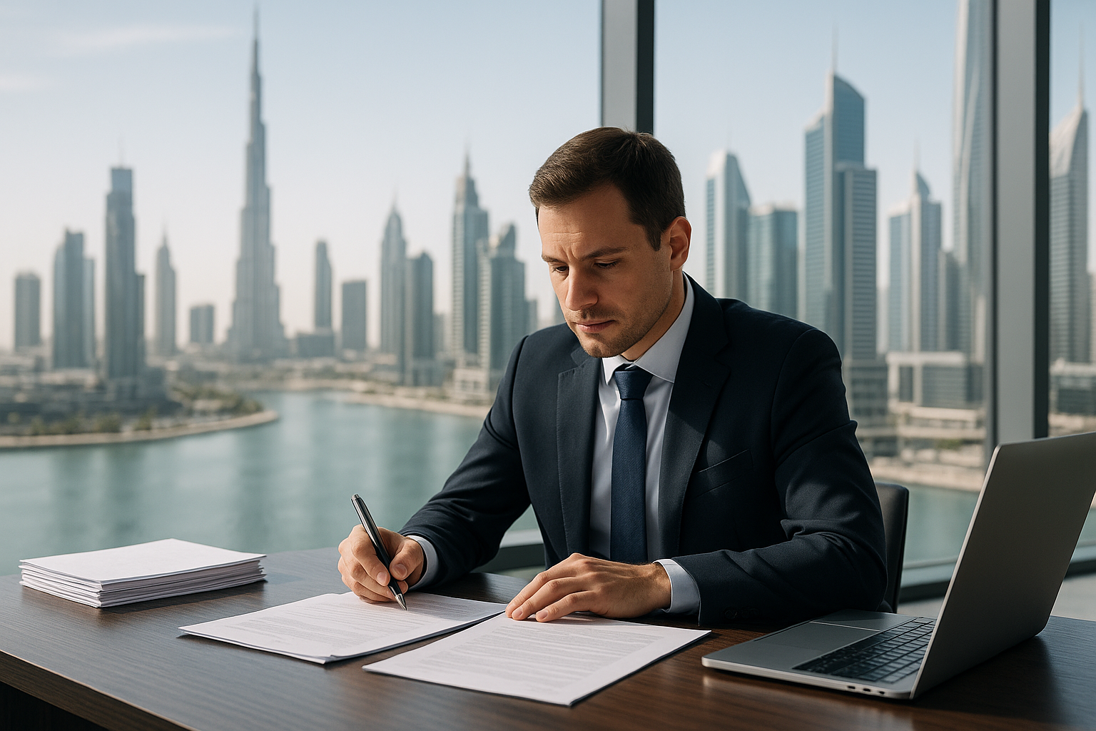 Antreprenor analizând documente pentru înființarea unei firme în Emiratele Arabe Unite